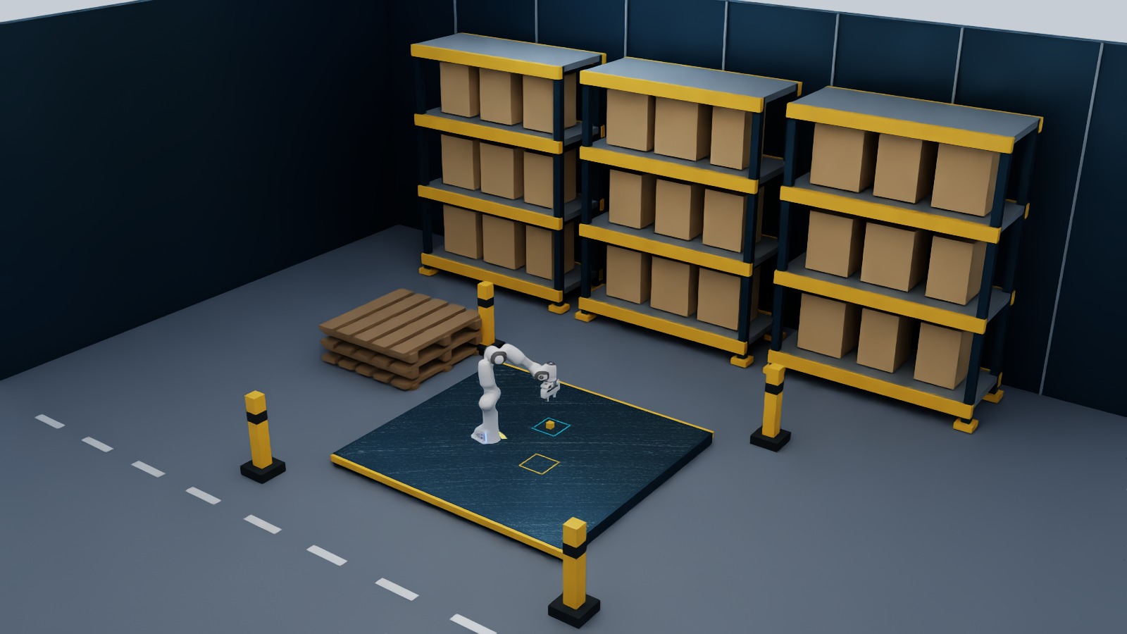 Wide view of the procedural warehouse facility with modular racks, pallets, bollards, and the robot work cell