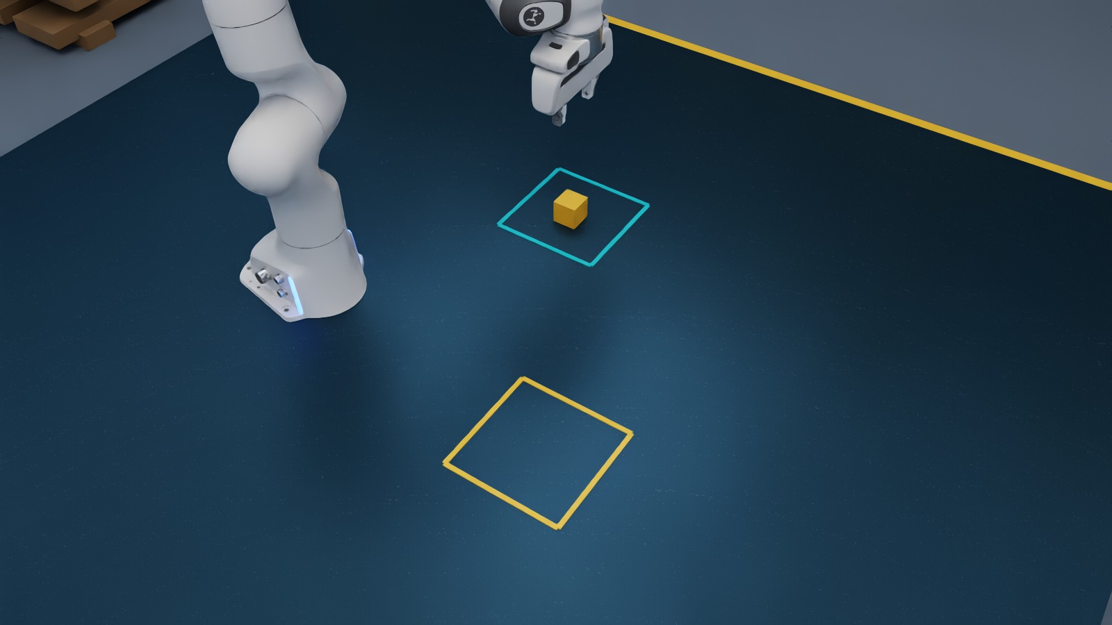 Inspection camera looking down at the robot workpiece and marked pickup and placement zones
