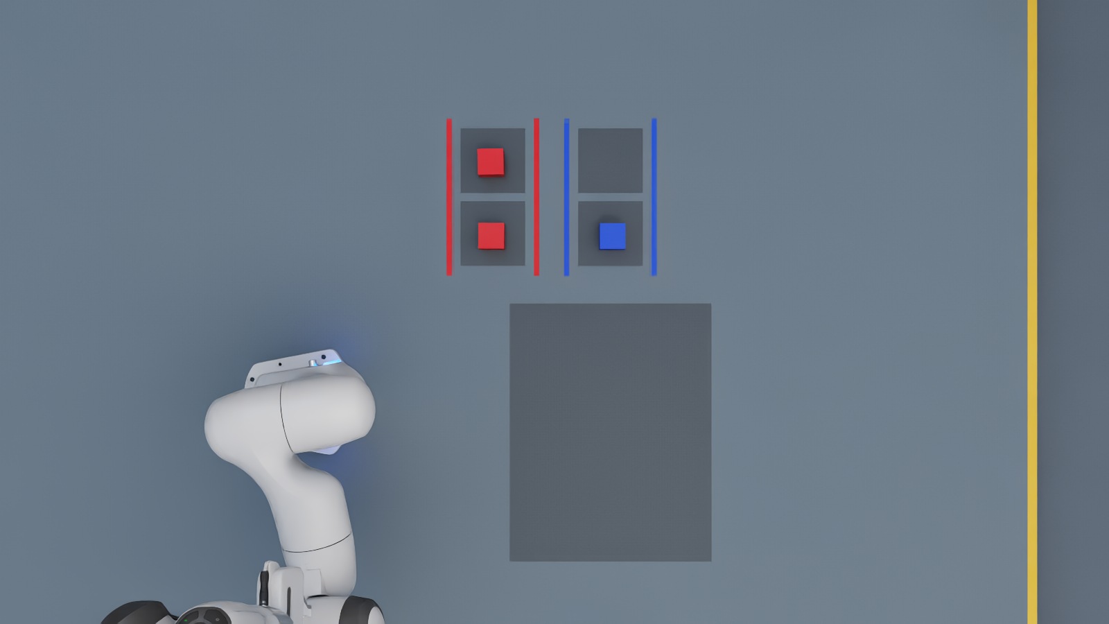 Top-down view after sorting, showing parts placed in their color-specific receiving lanes